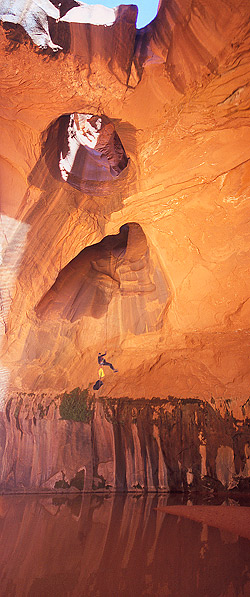 Greg Jahn rappeling in Neon Canyon